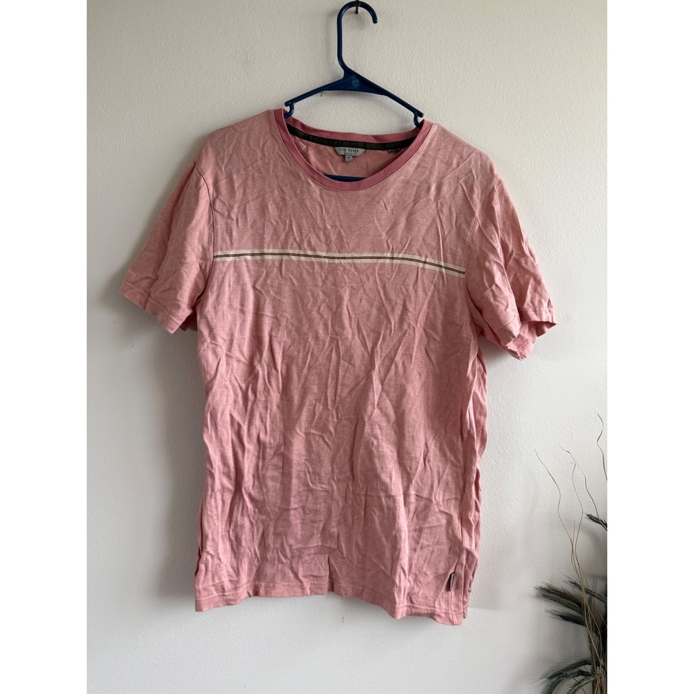 Ted Baker‎ London Mens Size 3 Pink Short Sleeve Crew Neck Chest Stripe T-Shirt